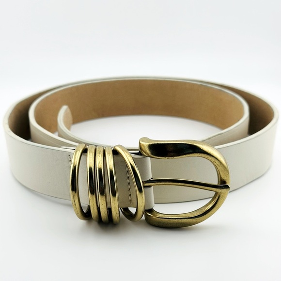Harriet Isles Evereve Cream Leather Belt With Gold Buckle, Size M/L - Picture 2 of 8